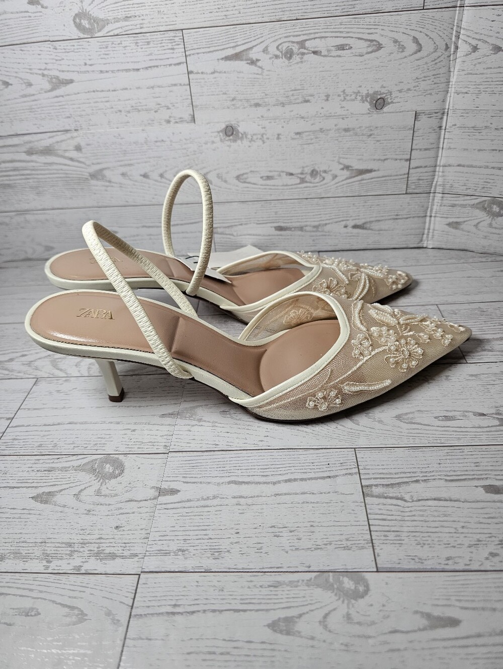 Zara Pearl Beaded Floral Mesh Slingback Pumps Cream White Heels Sz 41 NWT - Picture 4 of 9